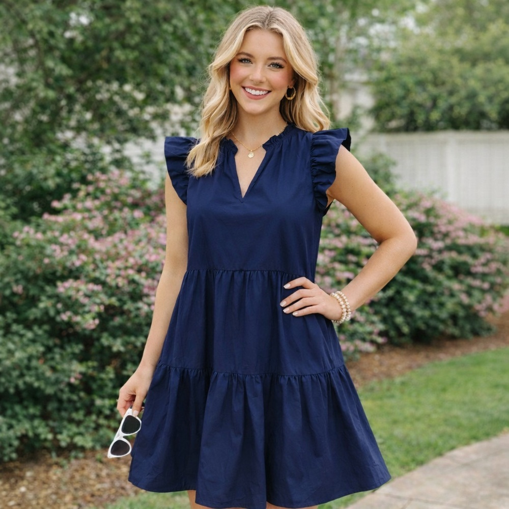A loves a Navy Cotton Poplin Ruffle Sleeve Tiered Dress | Size Small
